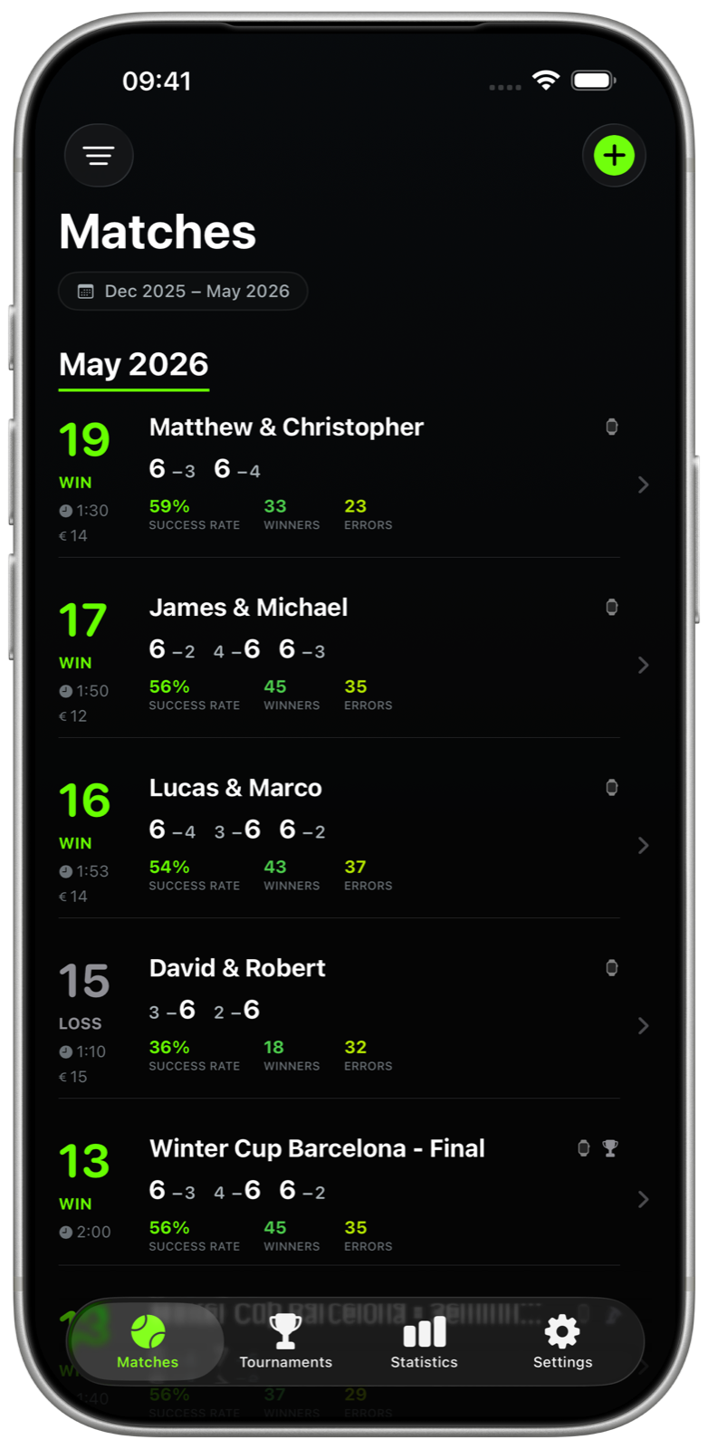 Padelistics padel match history on iPhone, listing matches with scores and opponents