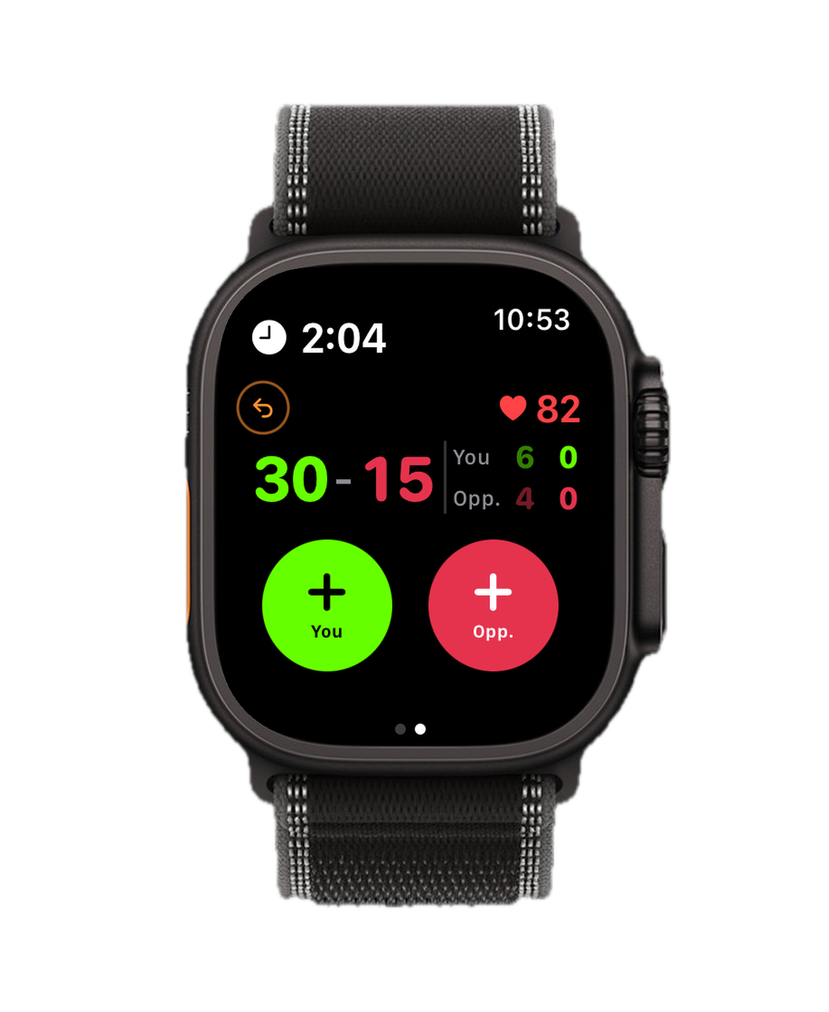 Padelistics Apple Watch app tracking a live padel match, with one-tap controls for winners, errors and serves